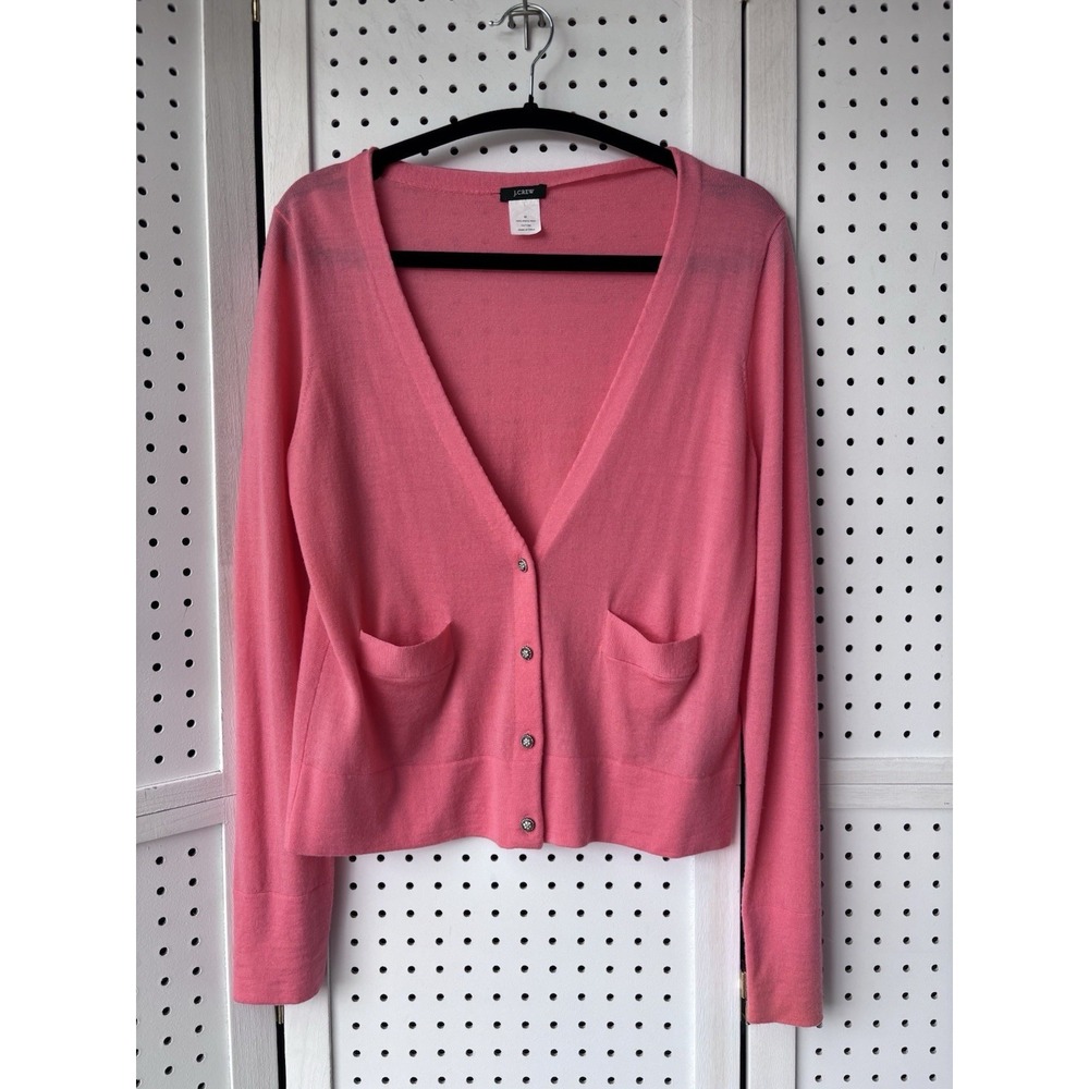 J Crew Women's M 100% Merino Wool Peach Coral Button Cardigan Sweater‎ V Neck